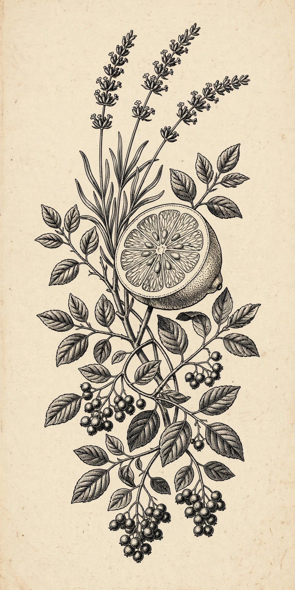 Engraved lavender, lemon and berry botanical illustration