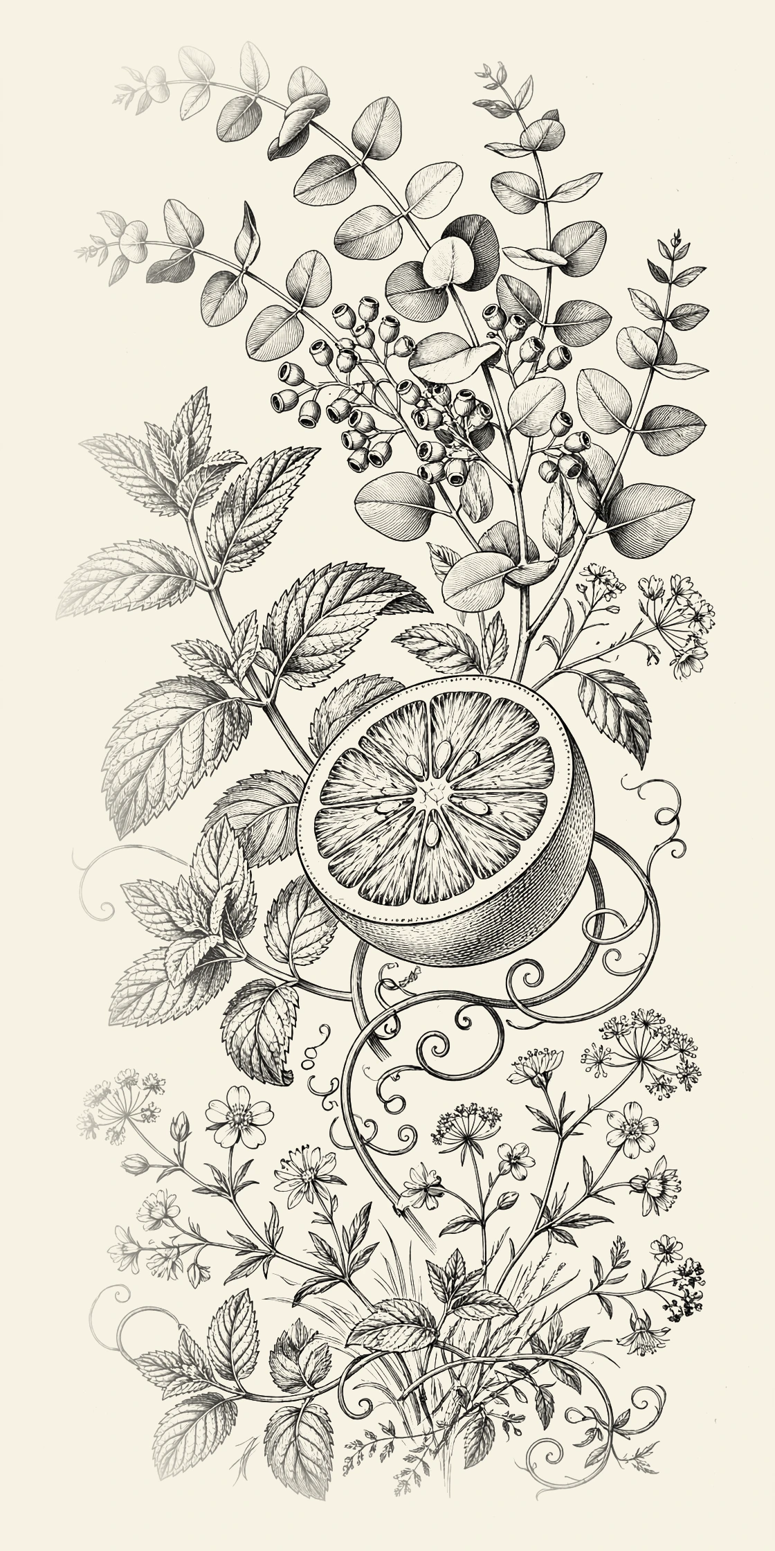 Engraved eucalyptus, mint and citrus botanical illustration